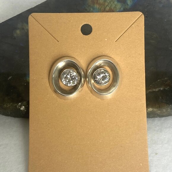 Solid Sterling Silver 925 Heavy Large Oval Cubic Zirconia Stud Earrings - Picture 1 of 16